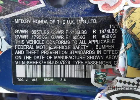 2018 Honda Civic Sport из США, поврежденный, VIN SHHFK7H44JU207528